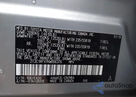 2019 Toyota Rav4 Xle Premium z USA, uszkodzony, nr VIN 2T3C1RFV7KW006376